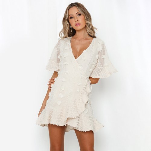 Spitzenkleid Damen V-Ausschnitt rüschiger Saum, elegant