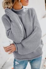 Damen Langarm Rollkragenpullover in Grau mit Batwing Ärmeln, grobgestrickt
