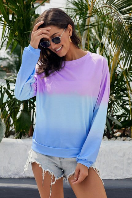 Damen Pullover Sweatshirt in Lila Blau Colour Block Tie Dye