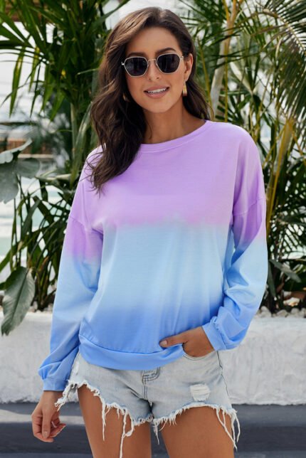 Sportliches Damen Sweatshirt in Lila Blau mit Colour Block Tie Dye