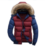 Rot und Schwarz gemusterte Herren Steppjacke mit abnehmbarer Kapuze