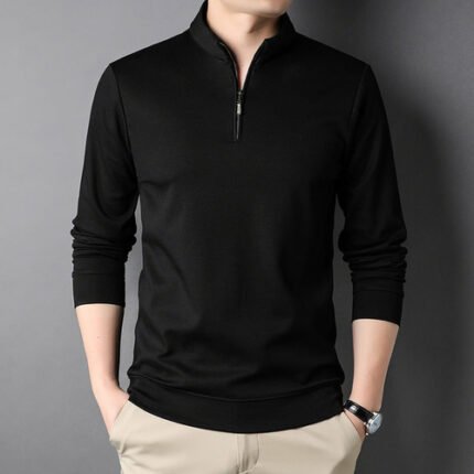 Langarmshirt für Herren, Stehkragen, Schwarz, Casual
