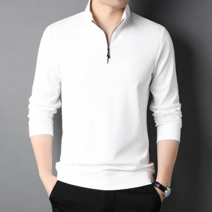 Männer Stehkragen Langarmshirt, Weiß, Freizeit