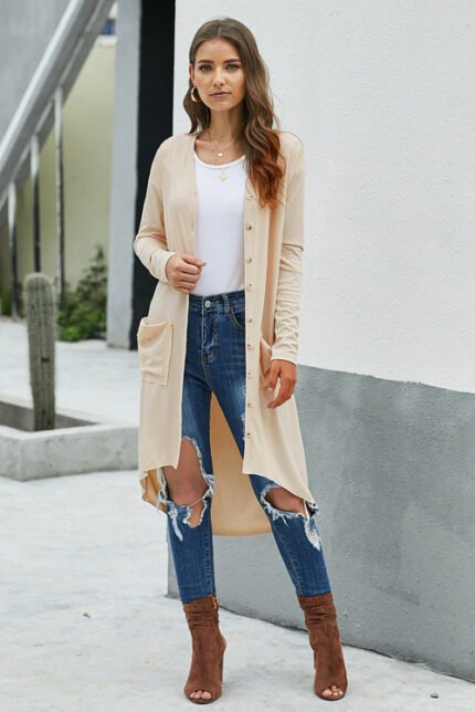 Modischer Strick-Cardigan Apricot Selected, Knopfleiste, Taschen, lang