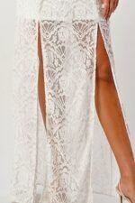 Damen Maxikleid, weiß, Frontschlitz und Spitze