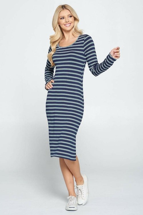 Gestreiftes Bodycon-Kleid in Midi-Länge mit Schlitz